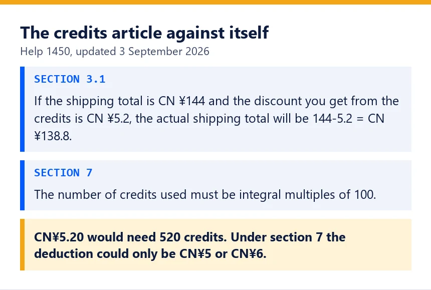 Two quotations from help 1450 that conflict: a 5.2 yuan credit deduction and the multiple-of-100 rule