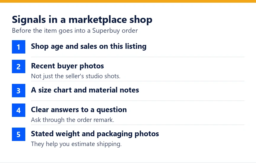 Checklist of signals to read in a marketplace shop