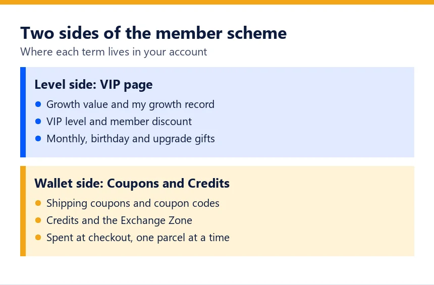 Two panels sorting member scheme terms into the VIP page side and the wallet side