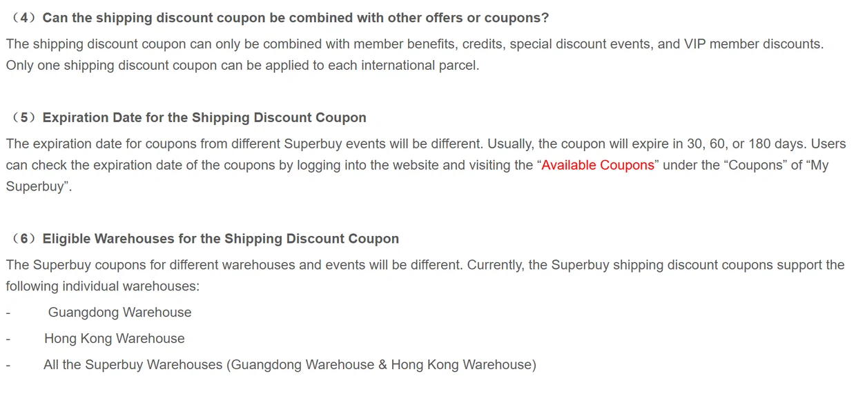 Help centre text: one shipping coupon per international parcel, validity of 30, 60 or 180 days, and the warehouses a coupon can cover