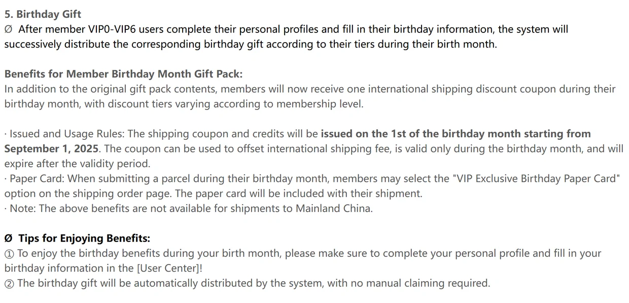 Help centre text on the birthday gift: a shipping coupon issued on the first of the birth month, valid that month only, and an optional paper card