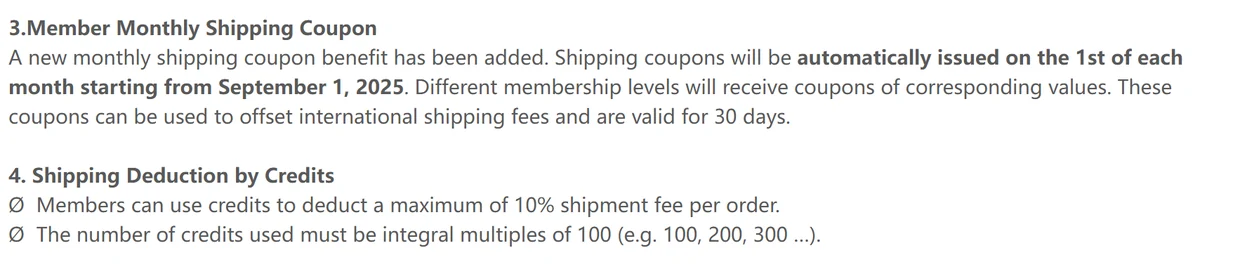 Help centre text: monthly shipping coupons issued automatically on the first of each month from 1 September 2025, valid for 30 days