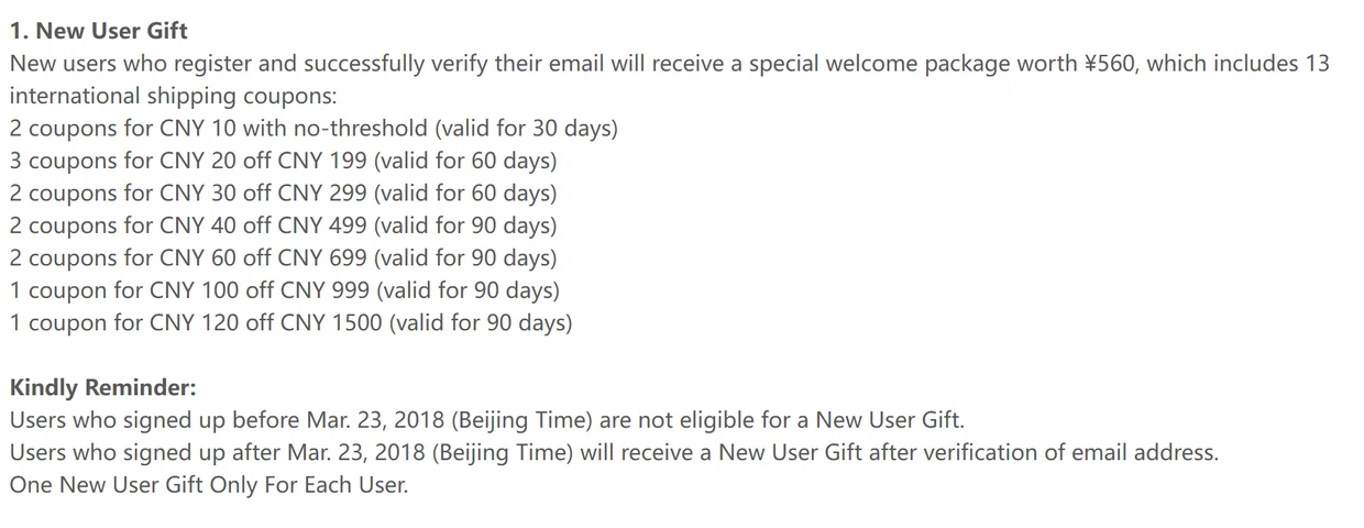 Help centre list of the thirteen new-user shipping coupons with their minimums and validity, and the 23 March 2018 eligibility note