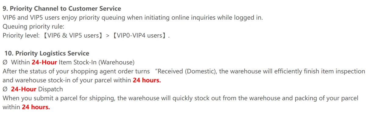 Help centre text on priority customer service for VIP5 and VIP6 and 24-hour stock-in and dispatch