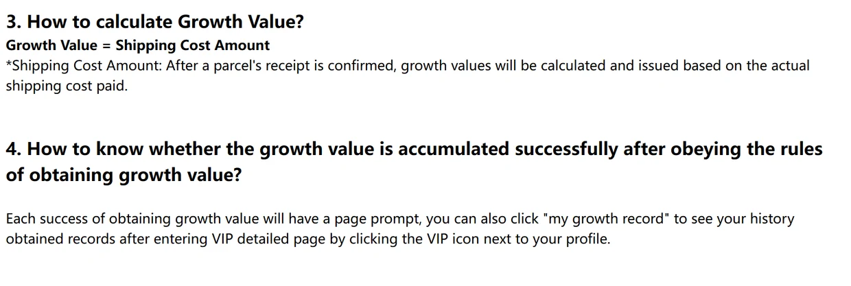 Help centre text: growth value equals the actual shipping cost paid, and successful entries appear in my growth record