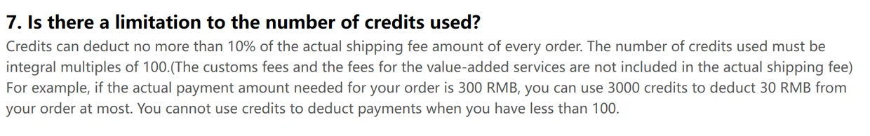 Help centre text: credits can deduct no more than 10 percent of the actual shipping fee and must be used in multiples of 100