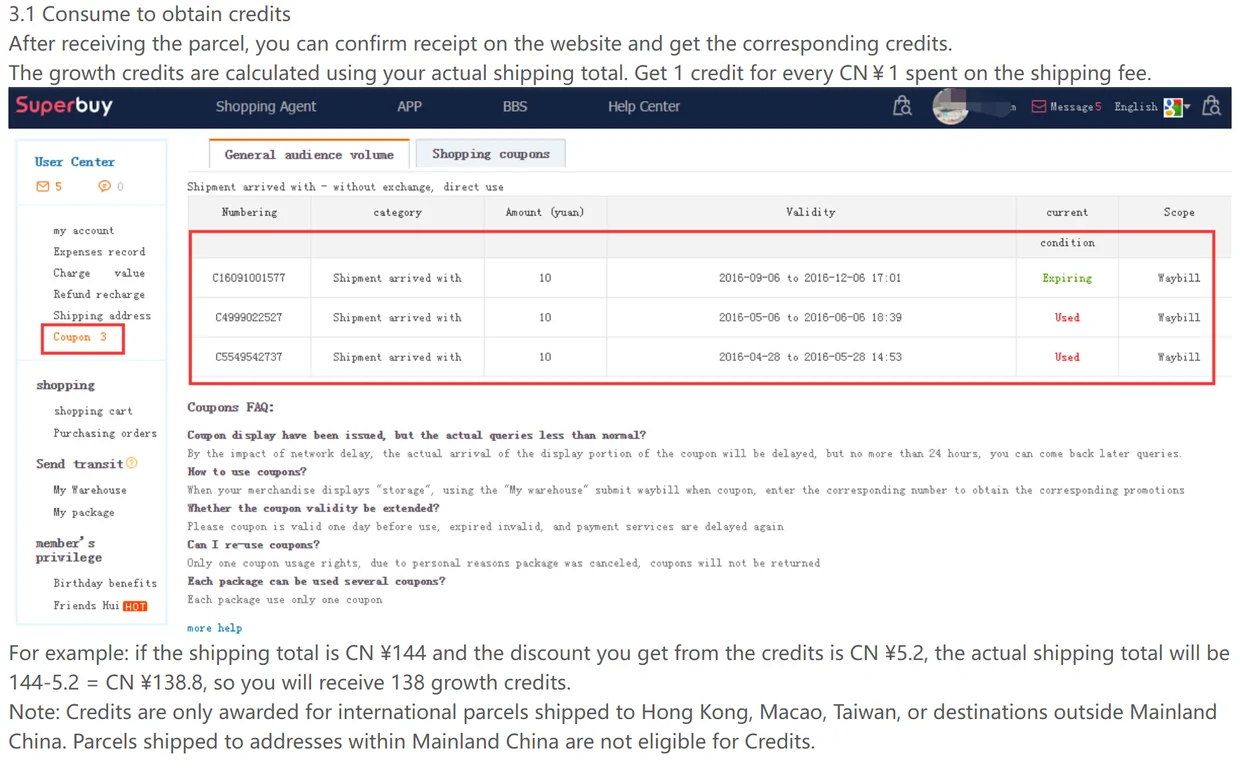 Help centre text on earning one credit per yuan of shipping after Confirm Receipt, with an old coupon screen and the 144 minus 5.2 example