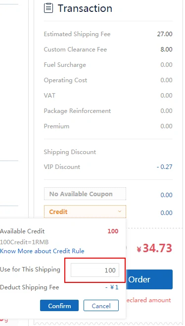 Superbuy checkout panel: estimated shipping fee 27.00, customs clearance fee 8.00, VIP discount minus 0.27, and a credit box using 100 credits for 1 yuan