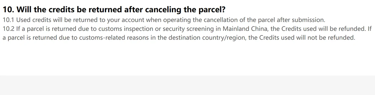 Help centre text: used credits return when a parcel is cancelled or returned by Chinese customs, but not when returned by destination customs