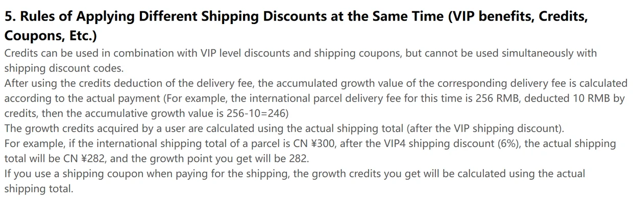 Help centre text on combining VIP discounts, credits and coupons, with growth value examples of 256 minus 10 and 300 after a 6 percent discount