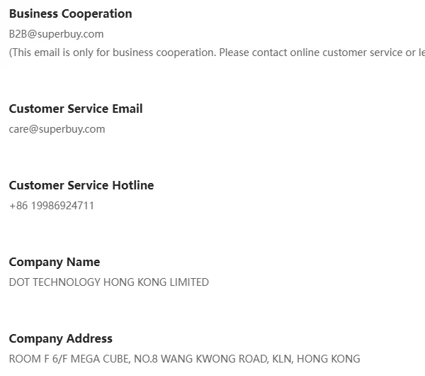 Superbuy Contact Us page listing B2B and customer service emails, the hotline, the company name DOT TECHNOLOGY HONG KONG LIMITED and its Kowloon address