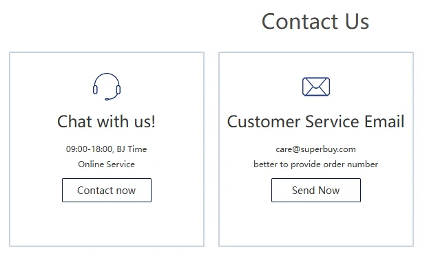 Superbuy help centre contact tiles: Chat with us from 09:00 to 18:00 Beijing time, and customer service email care@superbuy.com