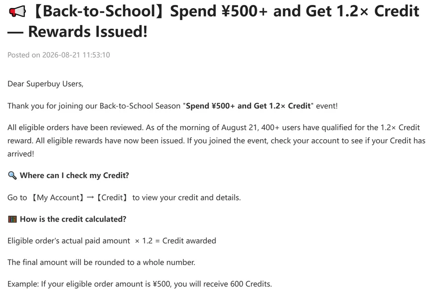 Superbuy announcement: Back-to-School Spend 500 yuan and Get 1.2 times Credit, rewards issued, with the formula paid amount times 1.2 equals credits