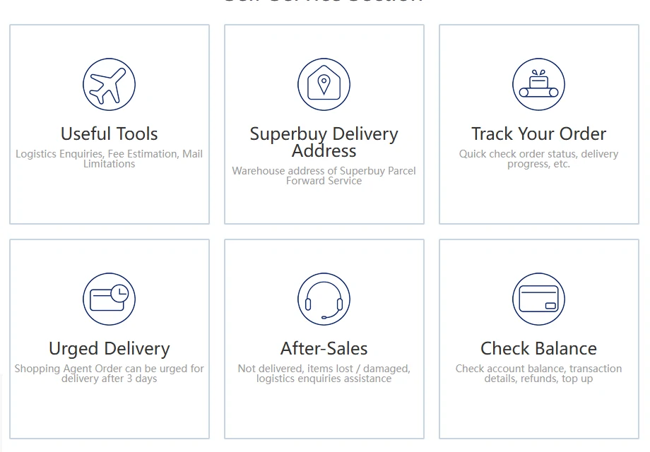 Superbuy help centre self-service tiles: Useful Tools, Delivery Address, Track Your Order, Urged Delivery after 3 days, After-Sales and Check Balance