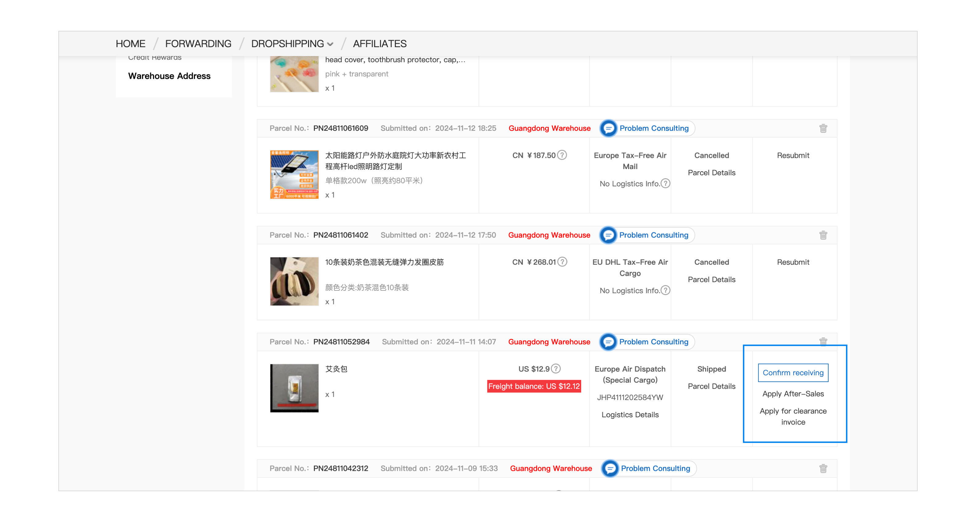 Open the delivered parcel action and confirm receipt after checking the contents