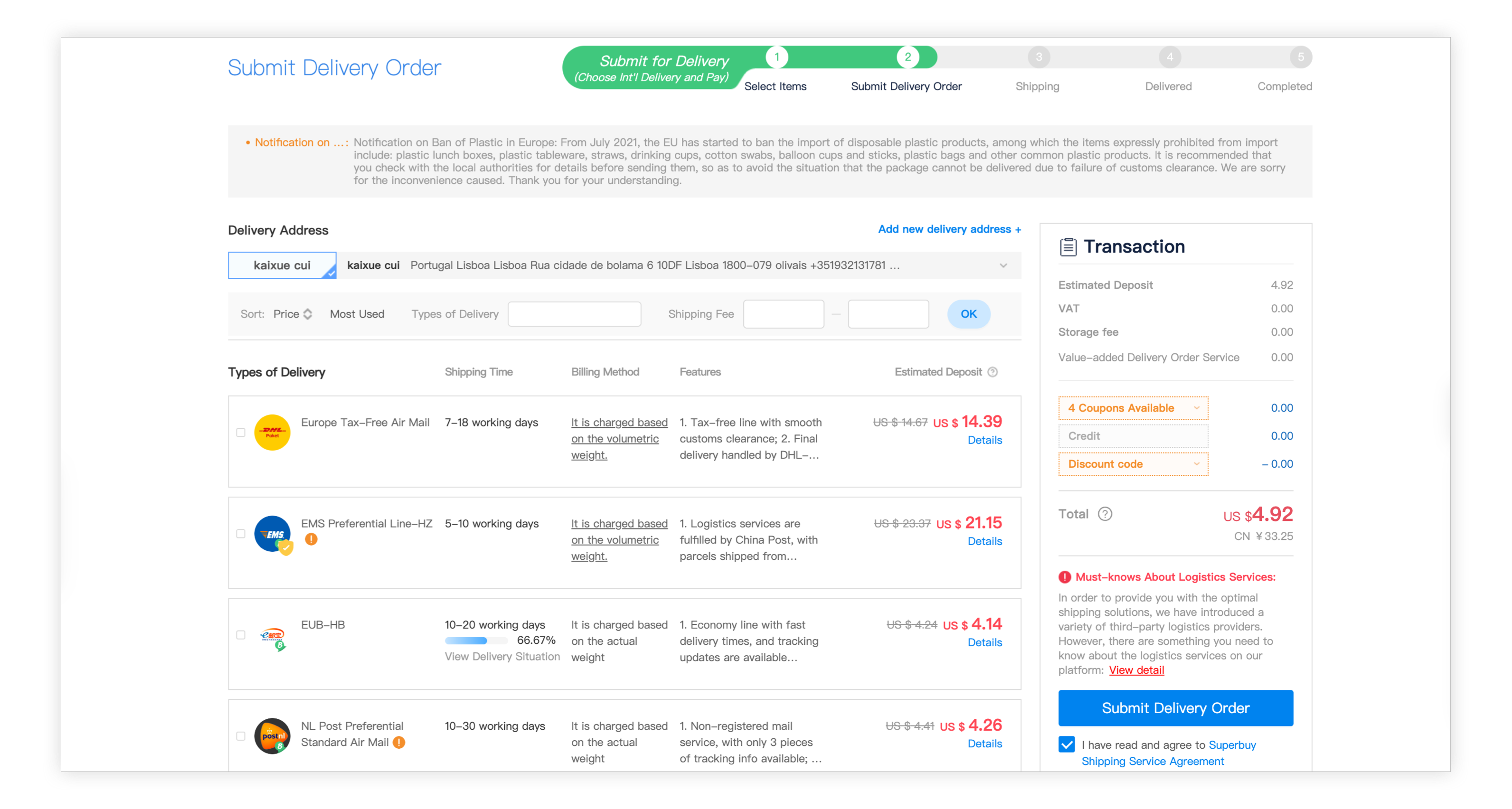Select the delivery details, route and parcel services