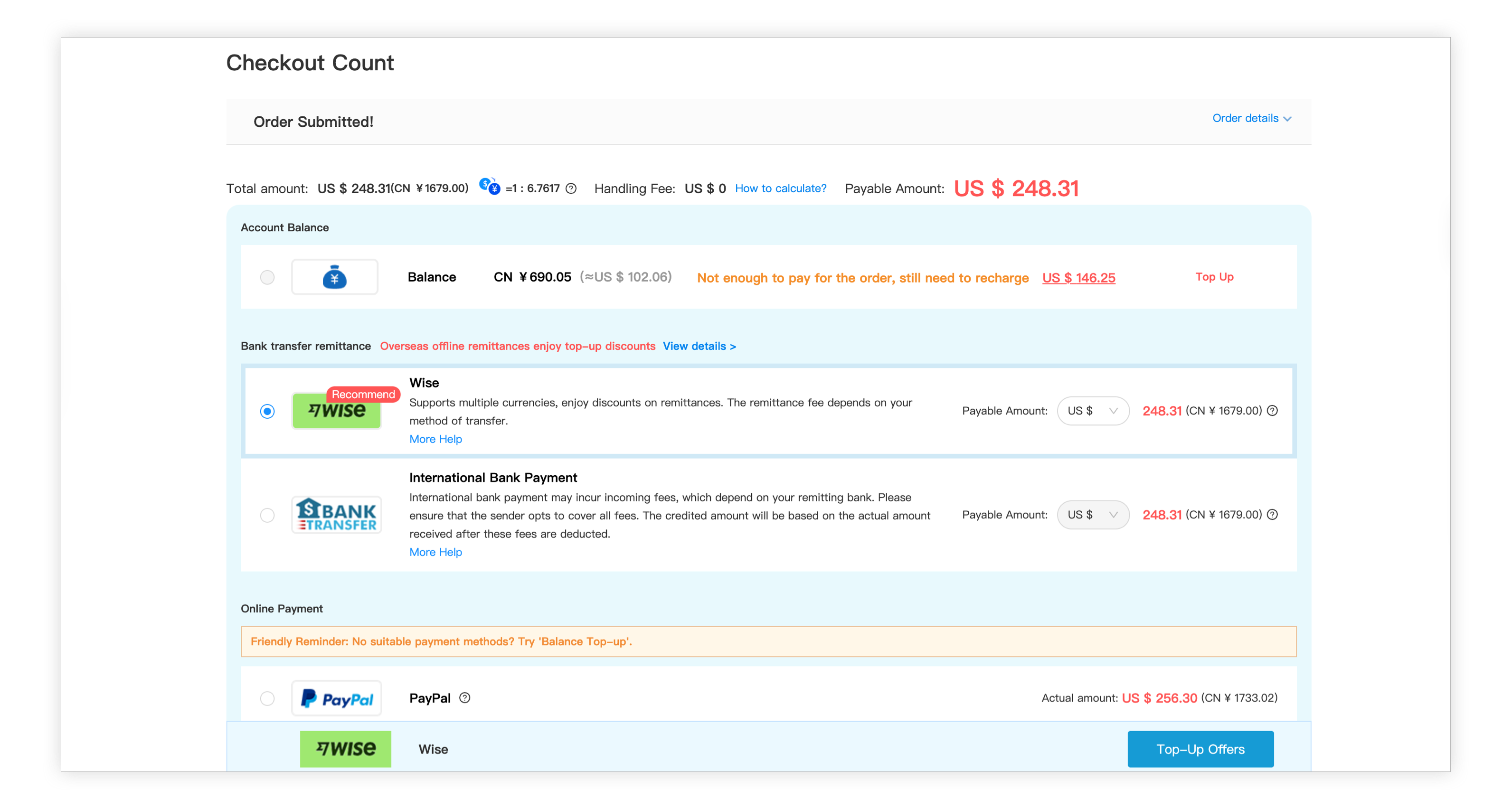 Review and pay the shipping deposit using the methods offered to your account